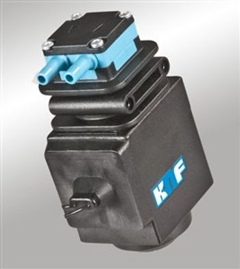 KNF FMM80 solenoid-driven diaphragm metering pump accurately dispenses liquids in range of adjustable volumes